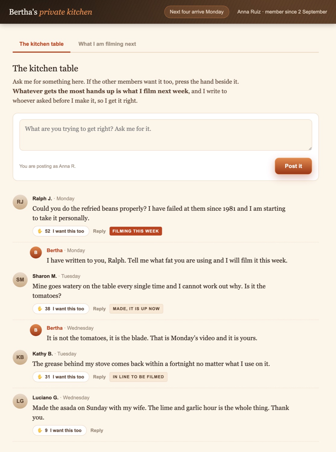 The kitchen table, where members ask questions and reply to each other